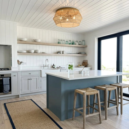 Cattleya Boho Rattan Ceiling Light in Coastal Kitchen Island