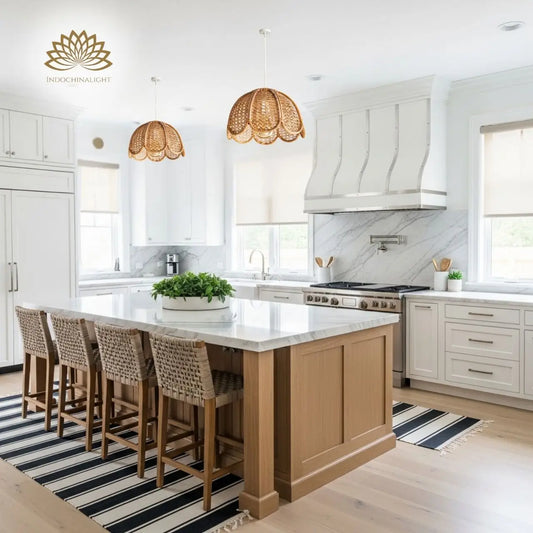 Cayla Bohemian Style Rattan Cane Pendant Light hanging over kitchen island