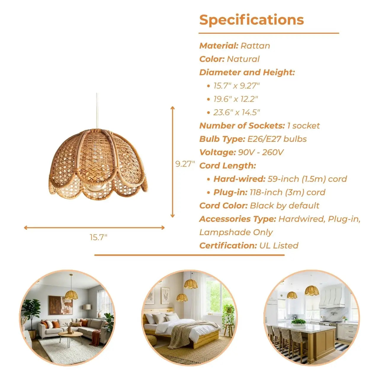 Cayla Bohemian Style Rattan Cane Pendant Light's specifications