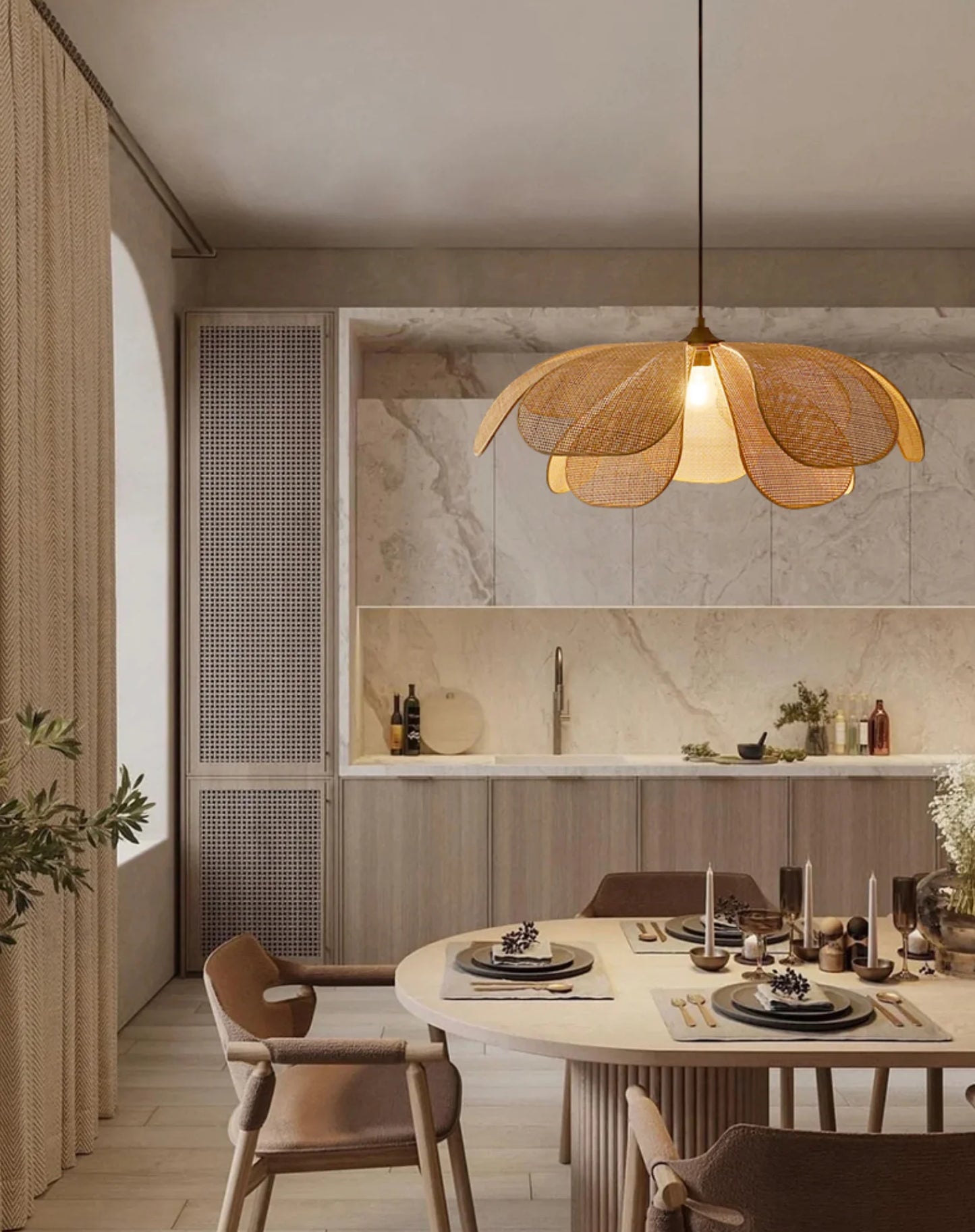 Cefalu rattan flower pendant light for Japandi Dining Room