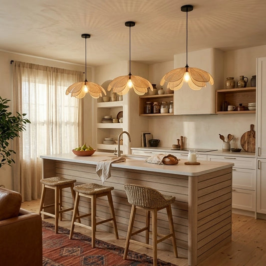 Cefalu Rattan Flower Petal Pendant Light in Boho Kitchen Island