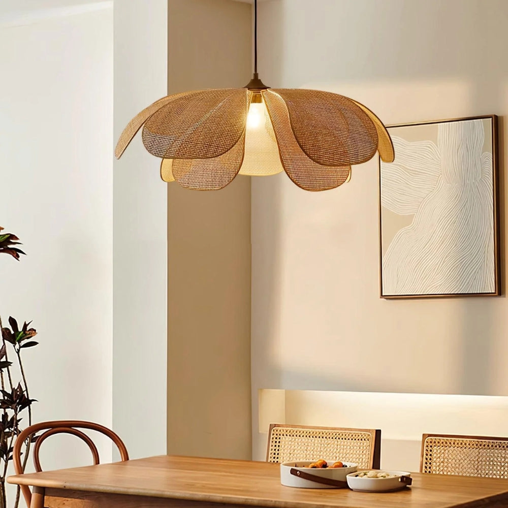 Cefalu rattan petal pendant light for Wooden Boho Dining Table