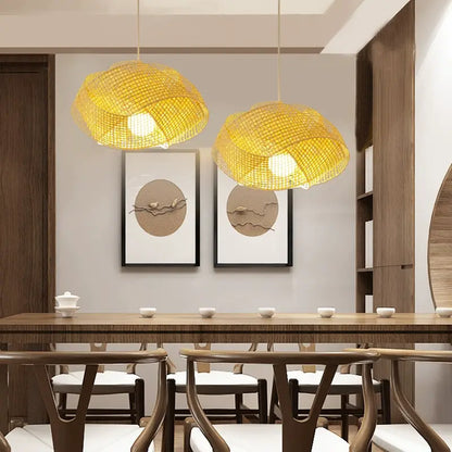 Chaner Single Bamboo Pendant Lights hang over Dining Room