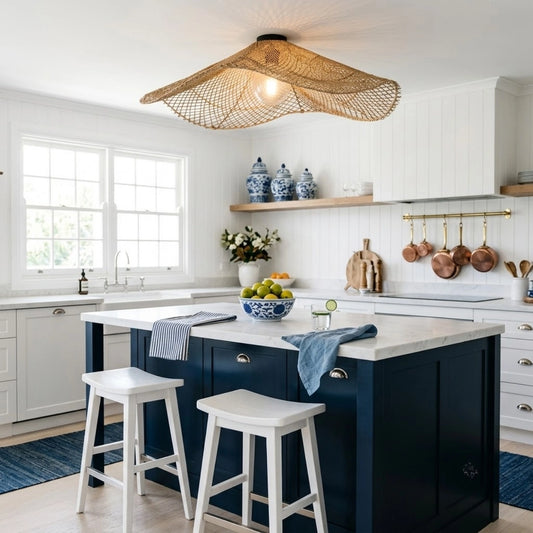 Chapeau Modern Rattan Ceiling Light in Coastal Kitchen Island