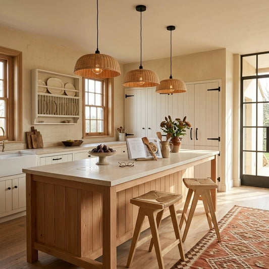 Chinesque Dome Woven Rattan Pendant Light in Boho Kitchen Island