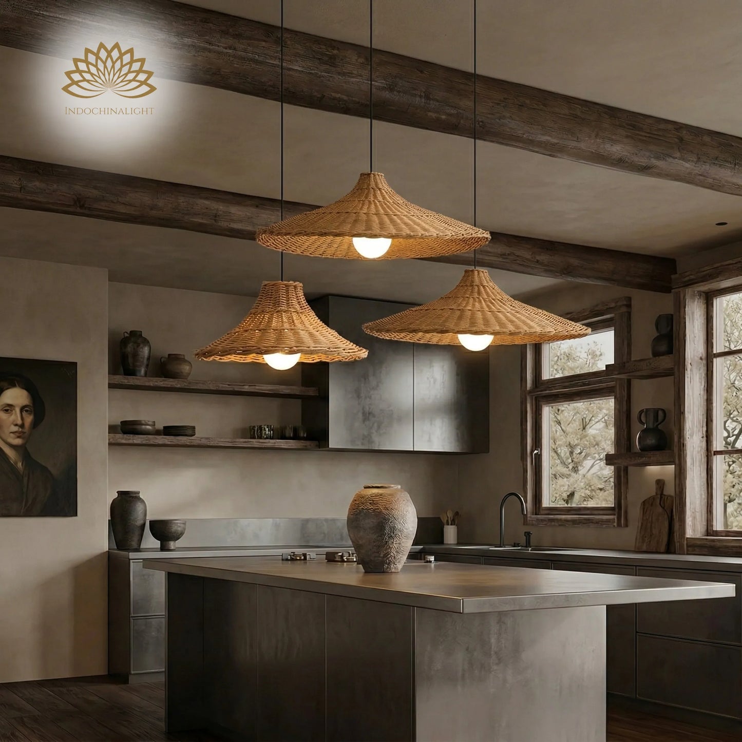 Cluster 3 Style of Carmel Cone Wicker Rattan Pendant Light in Wabi Sabi Kitchen