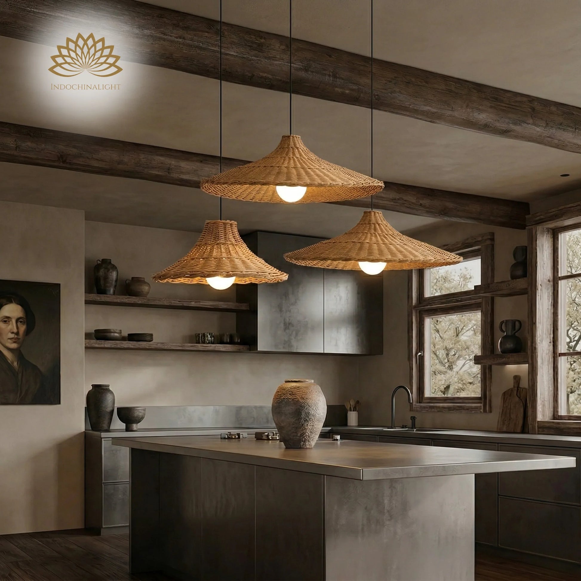 Cluster 3 Style of Carmel Cone Wicker Rattan Pendant Light in Wabi Sabi Kitchen