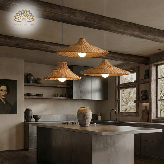 Cluster 3 Style of Carmel Cone Wicker Rattan Pendant Light in Wabi Sabi Kitchen