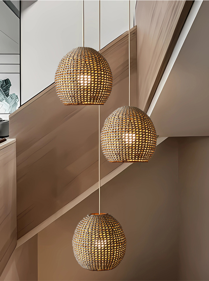 Cluster of 3 Wekiva Globe Basket Rattan Pendant Lights for Stairway