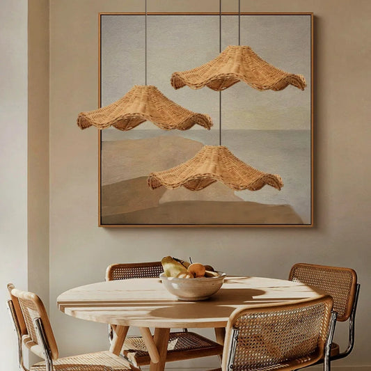 Cluster of Three Ariel Wave Rattan Pendant Lights for Wabi Sabi Dining Room