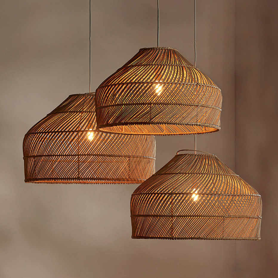 Cluster of Three Cocoa Rattan Dome Woven Pendant Lights