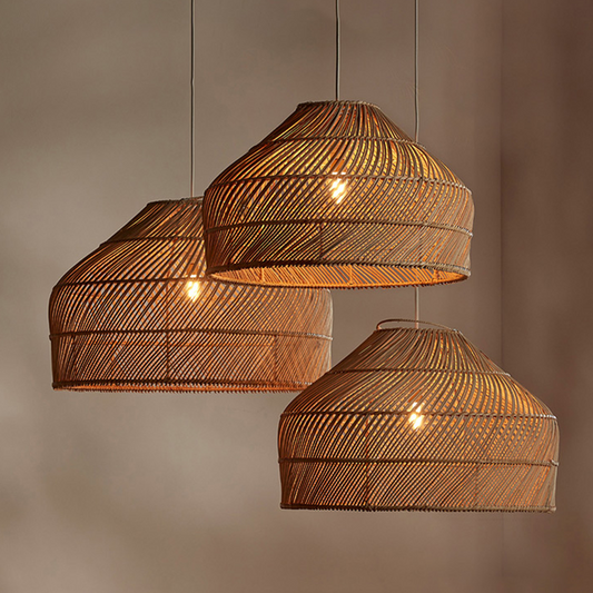Cluster of Three Cocoa Rattan Dome Woven Pendant Lights
