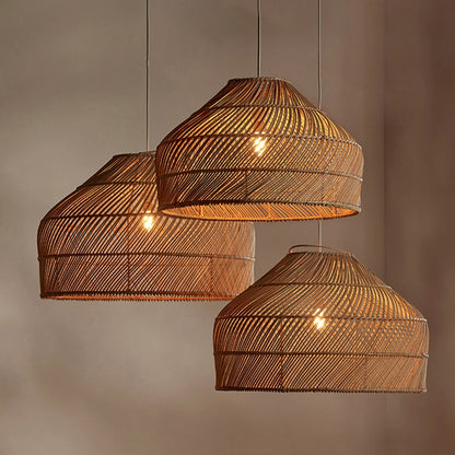 Cluster of Three Cocoa Rattan Dome Woven Pendant Lights