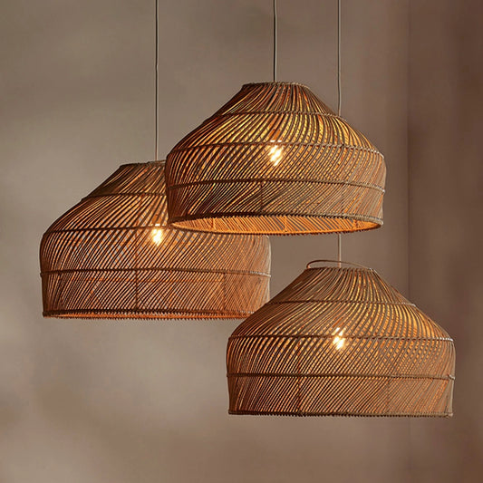 Cluster of Three Cocoa Rattan Dome Woven Pendant Lights