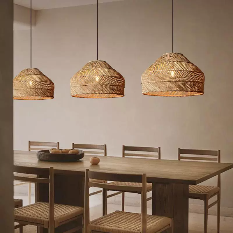 Cocoa Dome Rattan Pendant Light over Wabi Sabi Dining Table