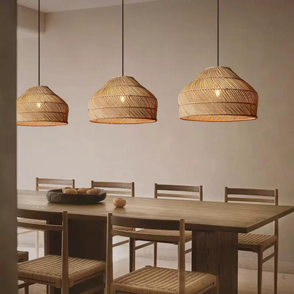 Cocoa Dome Rattan Pendant Light over Wabi Sabi Dining Table
