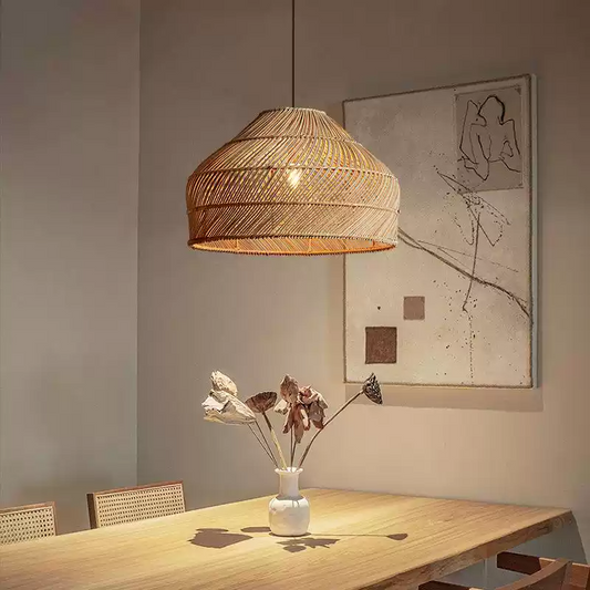 Cocoa Rattan Dome Woven Pendant Light above Wabi Sabi Dining Room