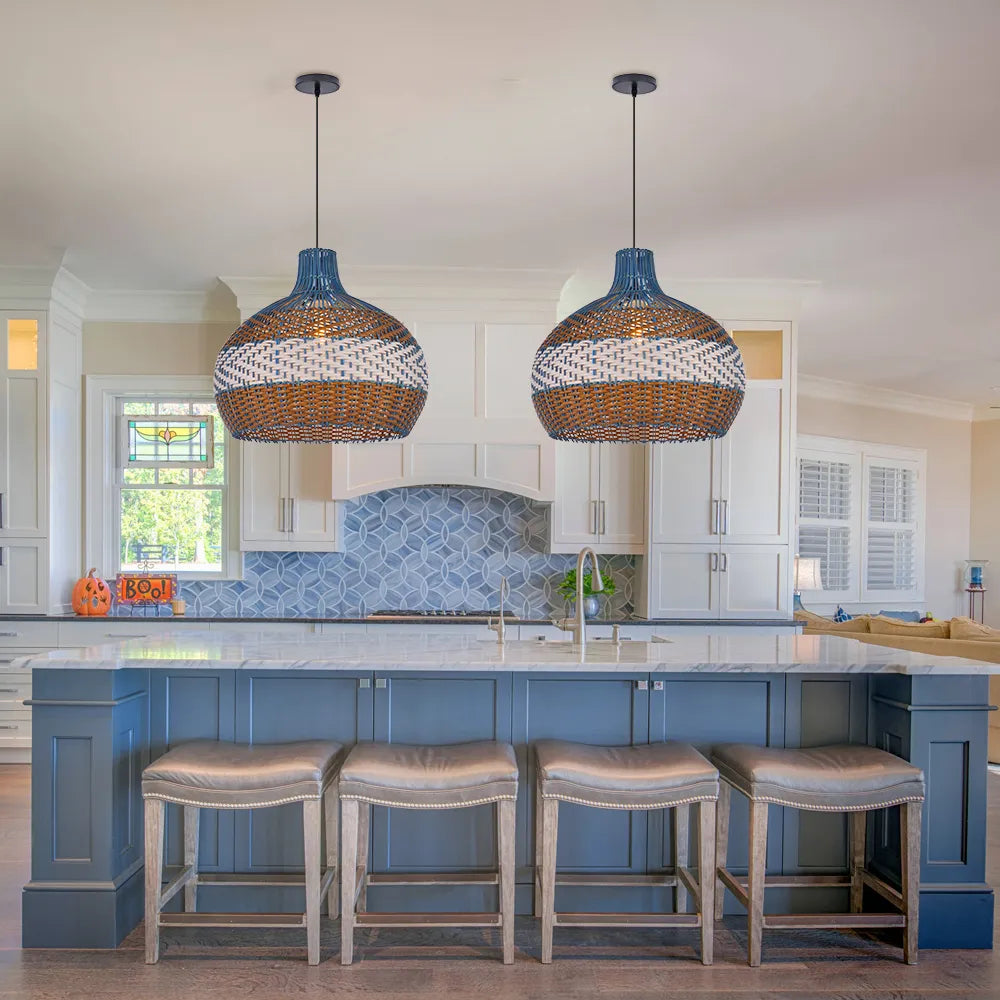 Courtland Blue Rattan Pendant Light for Coastal Kitchen Island
