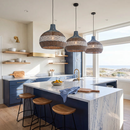Courtland Blue Rattan Pendant Light for Kitchen Island