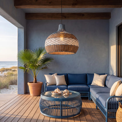 Courtland Blue Rattan Pendant Light for Outdoor Lounge