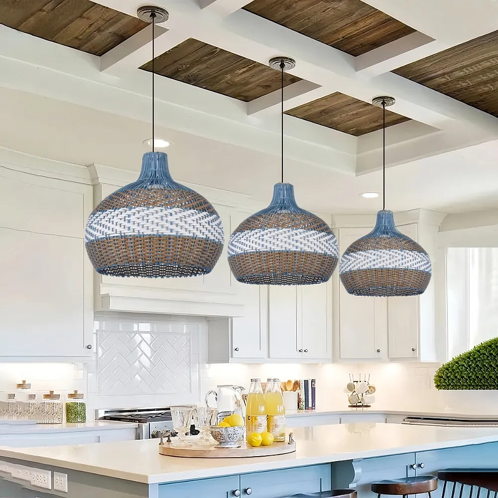 Courtland Blue Rattan Pendant Light over Coastal Kitchen Island