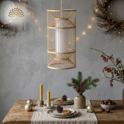 Cylindra Hourglass Bamboo Pendant Light Over Christmas Table
