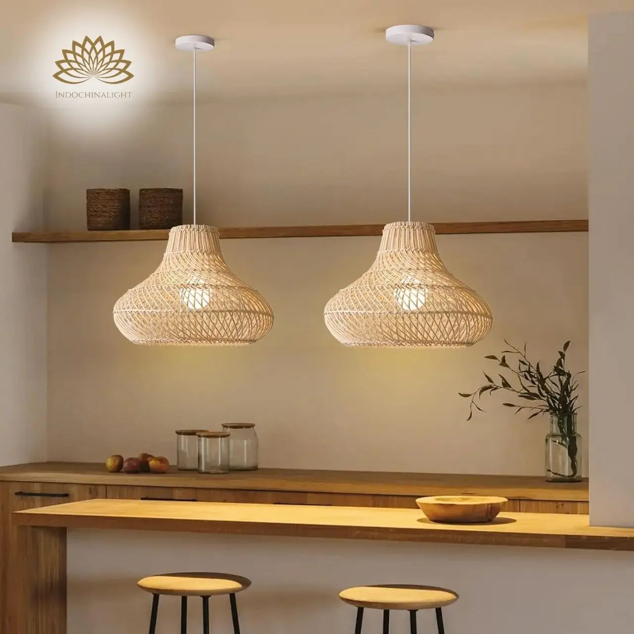 Dakota Natural Rattan Dome Pendant Light for Wooden Kitchen Island