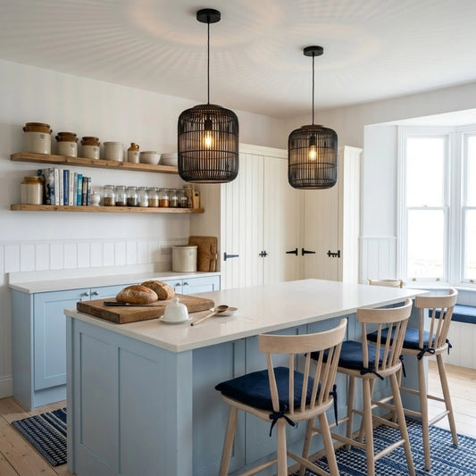 dBodhi Large Black Rattan Hanging Light in Coastal Kitchen Island