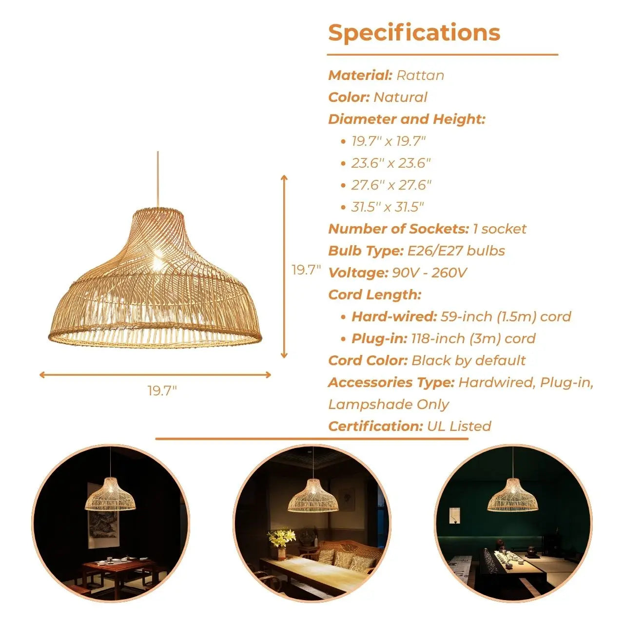 Des Boho Rattan Pendant Light's specifications