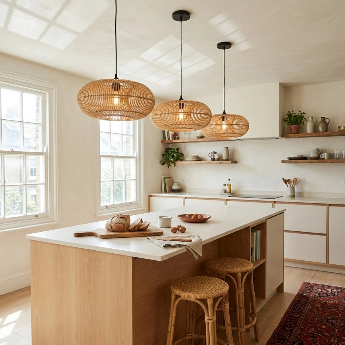Donut Large Round Rattan Pendant Light in Boho Kitchen Island