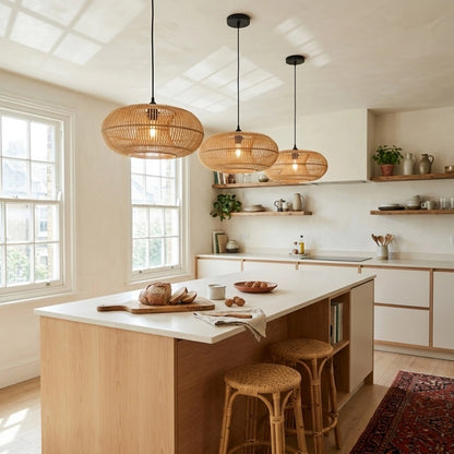 Donut Large Round Rattan Pendant Light in Boho Kitchen Island