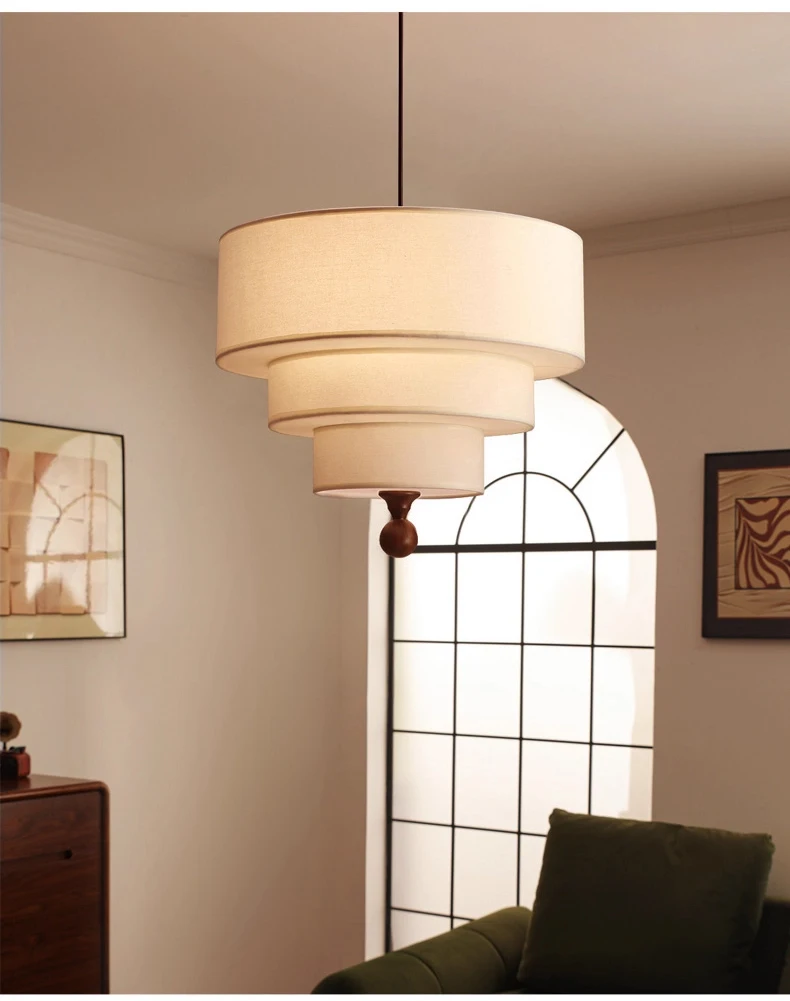 Vanelia 3 Tiers Textile Drum Fabric Pendant Light - Lifestyle & Artisan Detail Angle 7 | IndochinaLight