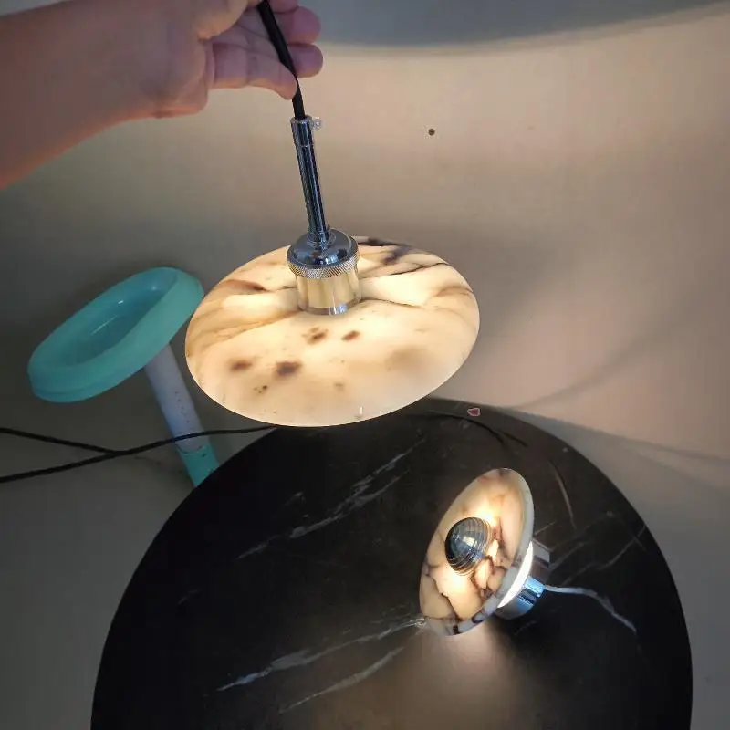 Round Zat Disc Marble Pendant Light - Lifestyle & Artisan Detail Angle 3 | IndochinaLight