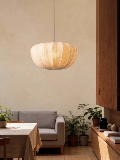Ostrea Oversized Minimalist Fabric Wabi-Sabi Pendant Light - Lifestyle & Artisan Detail Angle 2 | IndochinaLight