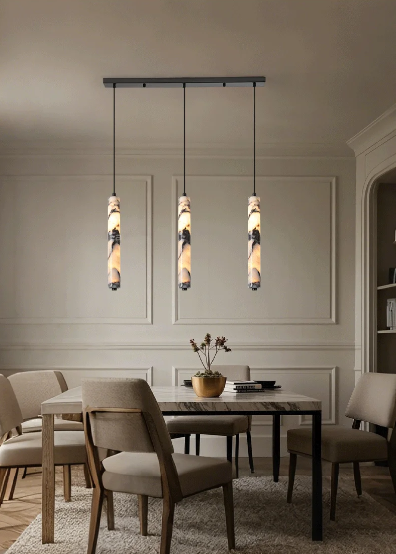 Rayvia Cylinder Alabaster Marble Pendant Light - Lifestyle & Artisan Detail Angle 3 | IndochinaLight