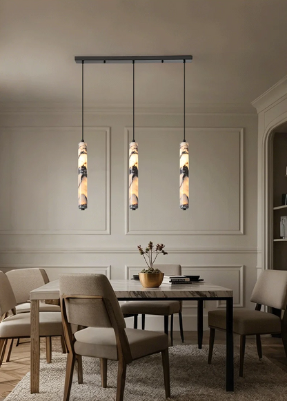 Rayvia Cylinder Alabaster Marble Pendant Light - Lifestyle & Artisan Detail Angle 3 | IndochinaLight