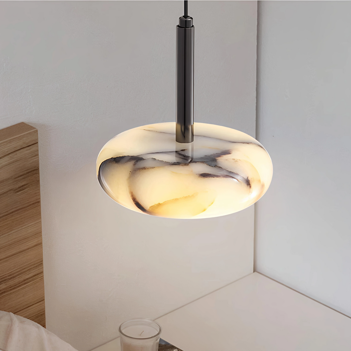 Vitrella Alabaster Luna Marble Pendant Light - Lifestyle & Artisan Detail Angle 2 | IndochinaLight