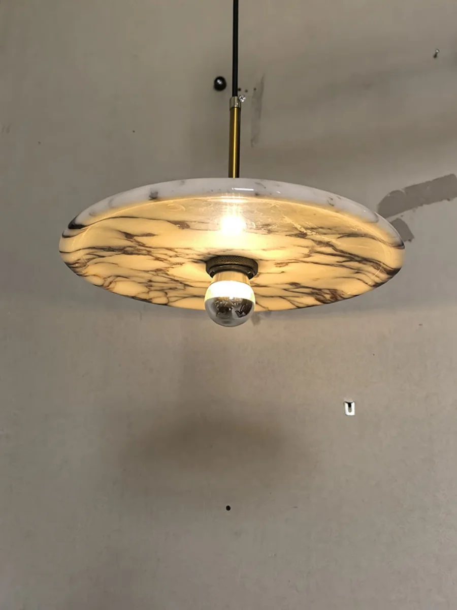 Round Zat Disc Marble Pendant Light - Lifestyle & Artisan Detail Angle 2 | IndochinaLight