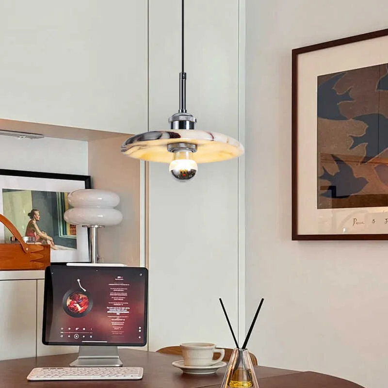 Round Zat Disc Marble Pendant Light - Lifestyle & Artisan Detail Angle 11 | IndochinaLight