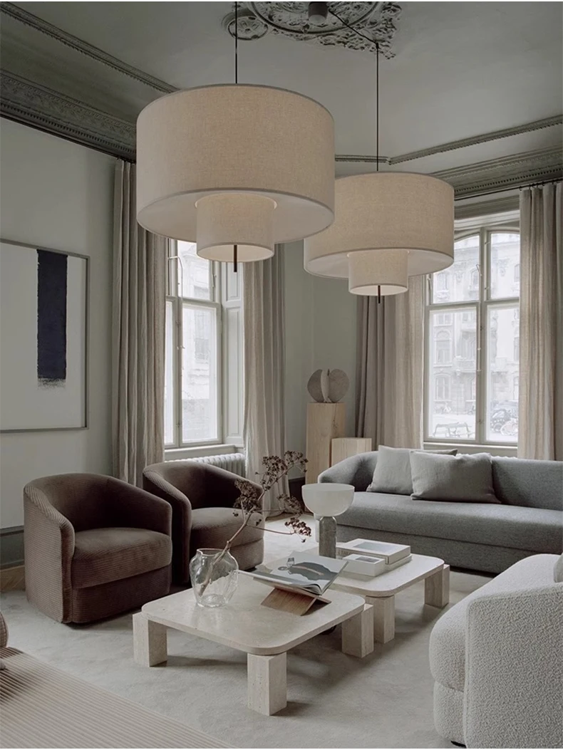 Margin Double Drum Fabric Pendant Light - Lifestyle & Artisan Detail Angle 4 | IndochinaLight