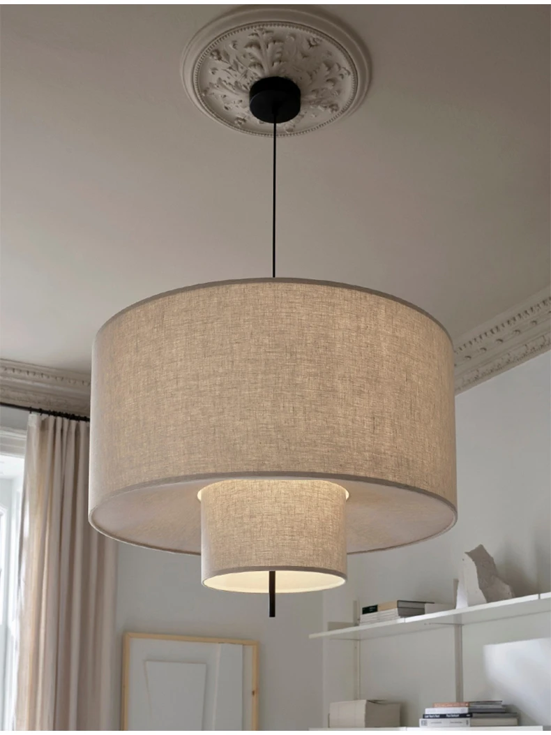 Margin Double Drum Fabric Pendant Light - Lifestyle & Artisan Detail Angle 5 | IndochinaLight