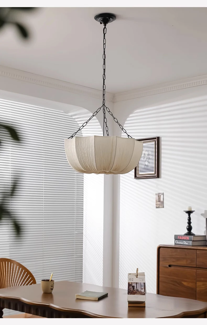 French Petal Fabric Pendant Light - Lifestyle & Artisan Detail Angle 5 | IndochinaLight