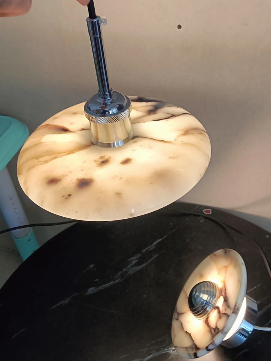 Round Zat Disc Marble Pendant Light - Lifestyle & Artisan Detail Angle 5 | IndochinaLight