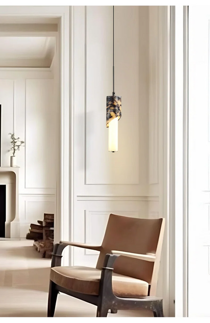 Lampatron Marble Cylinder LED Pendant Light - Lifestyle & Artisan Detail Angle 3 | IndochinaLight