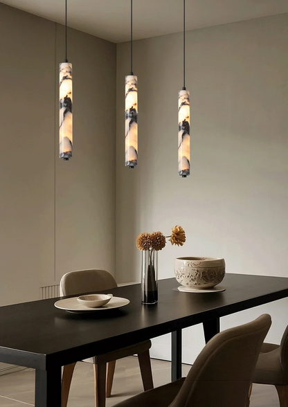 Rayvia Cylinder Alabaster Marble Pendant Light - Lifestyle & Artisan Detail Angle 4 | IndochinaLight