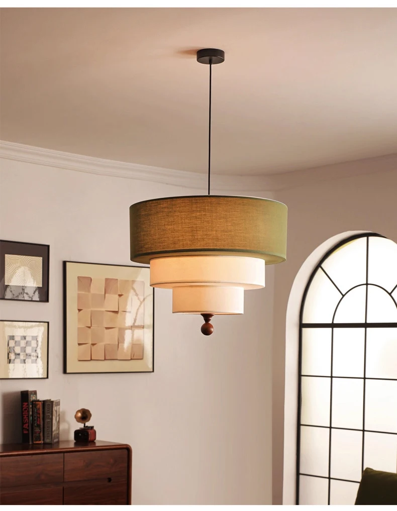 Vanelia 3 Tiers Textile Drum Fabric Pendant Light - Lifestyle & Artisan Detail Angle 3 | IndochinaLight