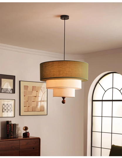 Vanelia 3 Tiers Textile Drum Fabric Pendant Light - Lifestyle & Artisan Detail Angle 3 | IndochinaLight