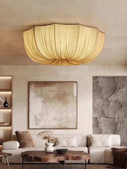 Planetarium Wabi-Sabi White Nordic Linen Flush Mount - Lifestyle & Artisan Detail Angle 2 | IndochinaLight