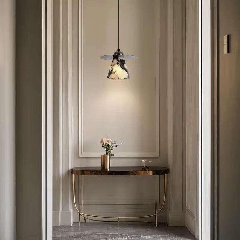 Feni Tapered Marble Conical Pendant Light - Lifestyle & Artisan Detail Angle 2 | IndochinaLight