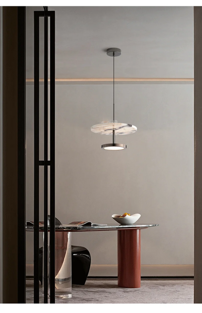 Noctra Double-Disc Marble Pendant Light - Lifestyle & Artisan Detail Angle 4 | IndochinaLight